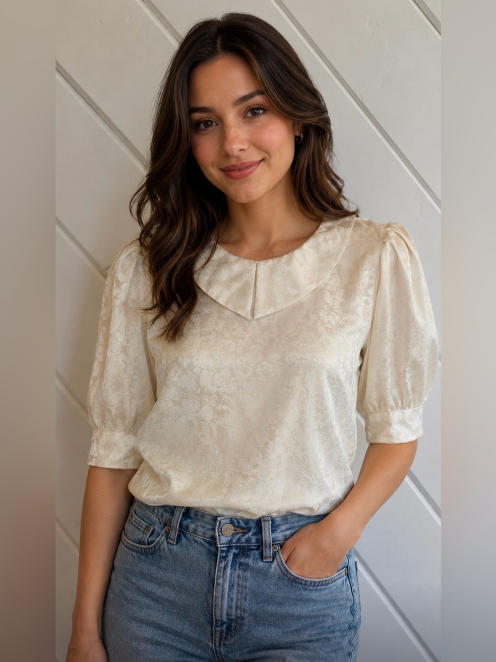 CAMICE Vintage Silk Floral Back Button Ivory Blouse